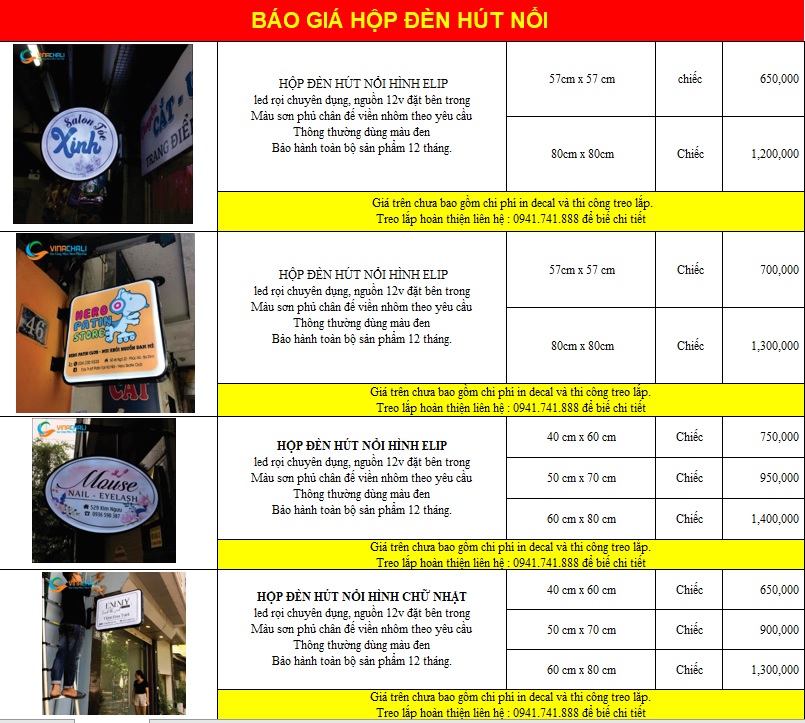 Bảng báo giá hộp đèn mica hút nổi
