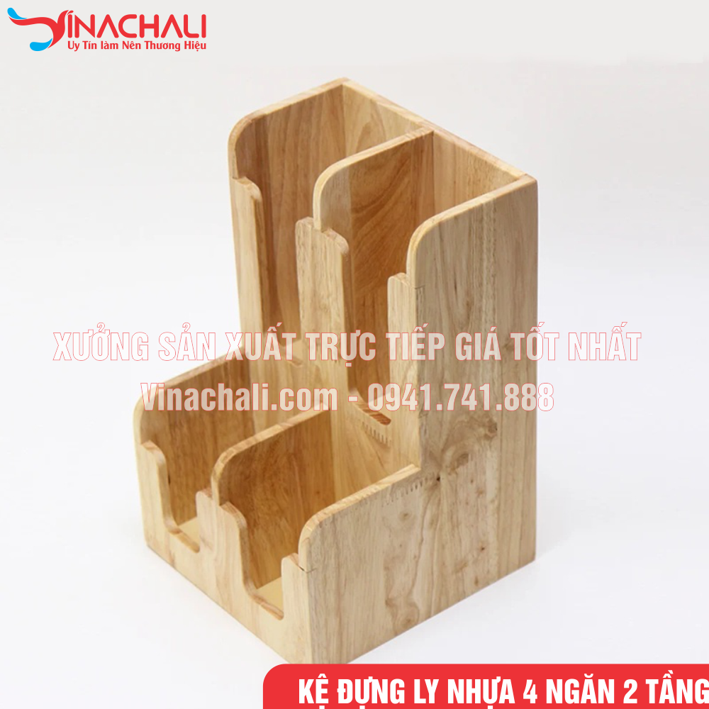 Kệ Đựng Ly Trà Sữa , Khay Đựng Ly Nhựa, Ly Giấy, 4 Ngăn 2 Tầng được làm bằng gỗ tự nhiên
