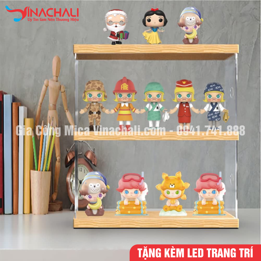 Hộp mica trong suốt đựng mô hình đế gỗ nhiều tầng
